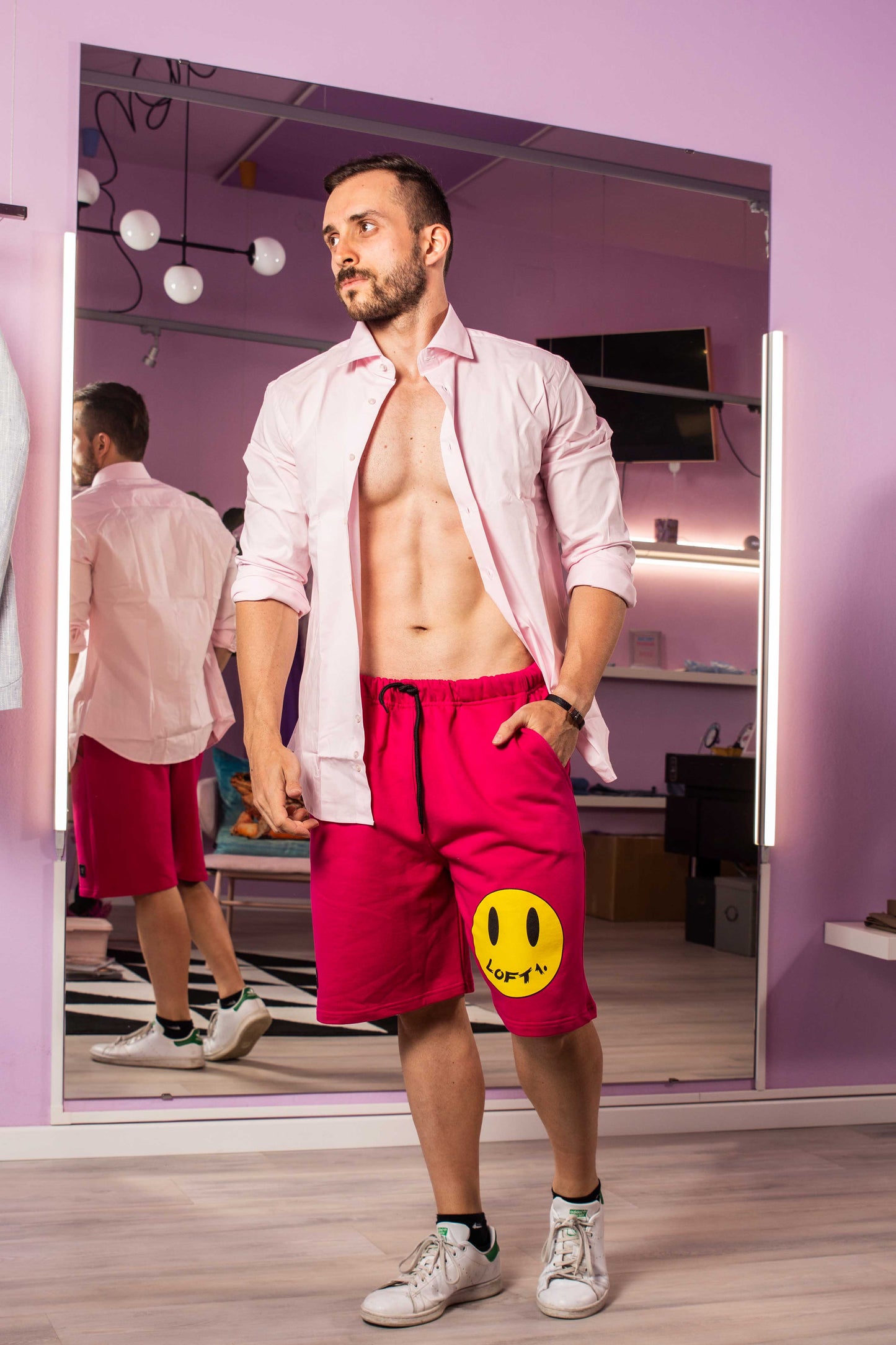 Bermuda Fucsia Uomo in Cotone con Stampa Smile Streetwear