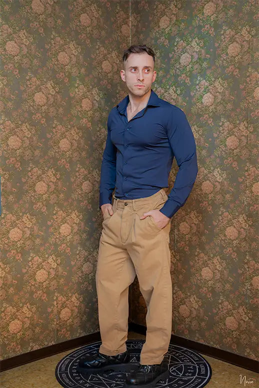 Scatto 3/4 camicia Nylon B Stretch blu Takeshy Kurosawa, manica lunga e polso aderente.
